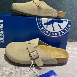 Birkenstock Boston taupe suede mule clogs